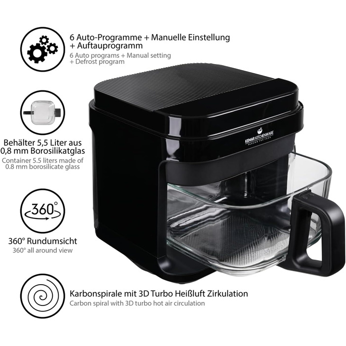 Фритюрниця KHF-550, 5,5 літрів, 1 200 Вт, сенсорний дисплей, скляний кошик для смаження без покриття, фритюрниця з щипцями та силіконовою підставкою (стандартна версія KHF-550)