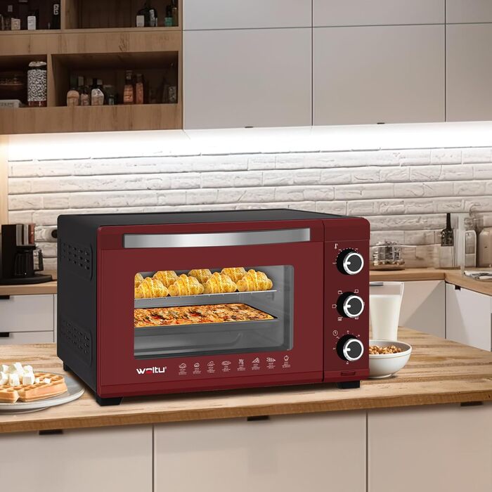 Міні Піч, Піч для піци 32 л, 1600 Вт, 100-230 C, 0-60 хв. Таймер, 5 режимів нагрівання, подвійні скляні дверцята, з грилем Деко для випікання Решітка для гриля Лоток для крихт Решітка Варильна поверхня, чорнийчервоний
