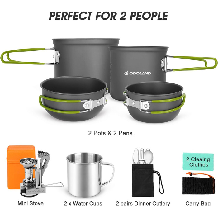Набір посуду для кемпінгу Odoland, 16 предметів для 2 осіб, посуд для кемпінгового використання з алюмінію та нержавіючої сталі, кемпінгові горщики, чашки, складні столові прибори, міні-пічка для кемпінгового посуду, пікніків та походів.