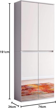 Дзеркало - Шафа - Біла - Багатофункціональна шафа з великою кількістю місця для зберігання - (Ш x В x Г) 74 x 191 x 34 см - анга для одягу та 6 полиць, 4 дверцята