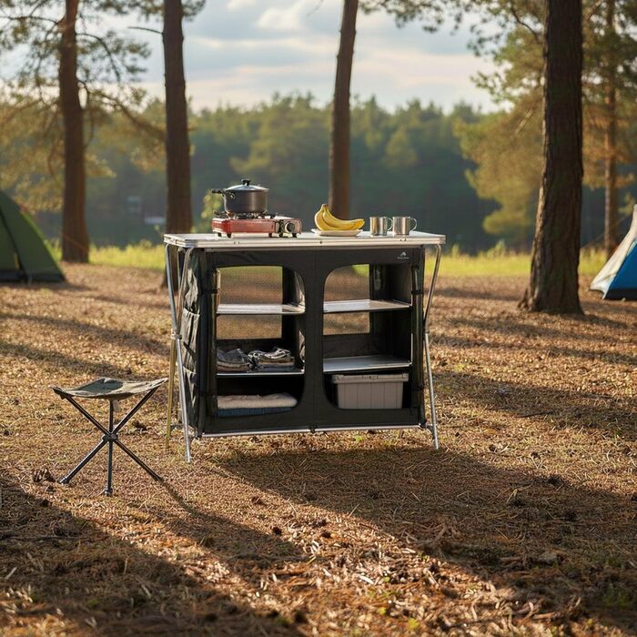 Складана кемпінгова шафа CampFeuer 110 см x 47 см x 90 см Кемпінгова кухня з 2 отворами на блискавці Кемпінгова полиця з алюмінієвою рамою, складна кемпінгова шафа, кемпінгова кухня, кемпінгові меблі