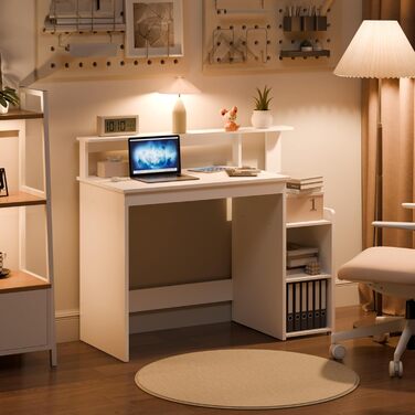 Комп&39ютерний стіл Mondeer з регульованою полицею, компактний офісний стіл з підставкою для монітора, 110 x 48 x 93 см, для кабінету, офісу, спальні, білий дерев&39яний композит