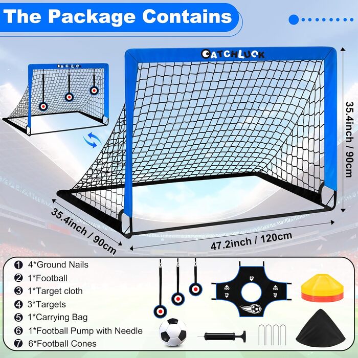 Висувні футбольні ворота для дітей, садові футбольні ворота, вуличні футбольні ворота для дітей з цільовими зонами, три ворота, футбольні, 6 перешкод та сумка для перенесення, сині