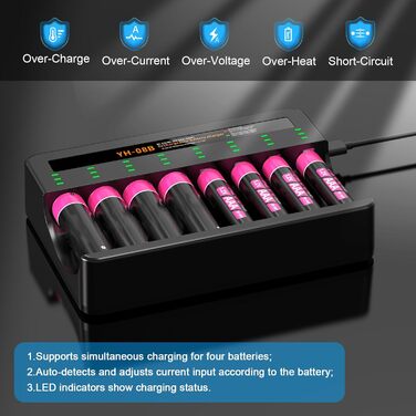 Акумуляторні батареї AAA Ni-MH, 8 акумуляторних батарей AAA з 8 зарядними пристроями для швидкої зарядки, для батарей Ni-MH AA/AAA, 8 слотів для зарядки 8 AAA