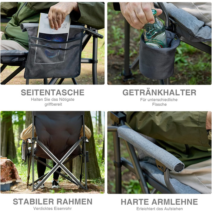 Складаний кемпінговий стілець EVER ADVANCED, вантажопідйомність 230 кг, XL-розмір, ширина сидіння 62 см з бічною кишенею та тримачем для напоїв, великий складний стілець, рибальський стілець для кемпінгу, використання на вулиці, балкон, сад, сірий