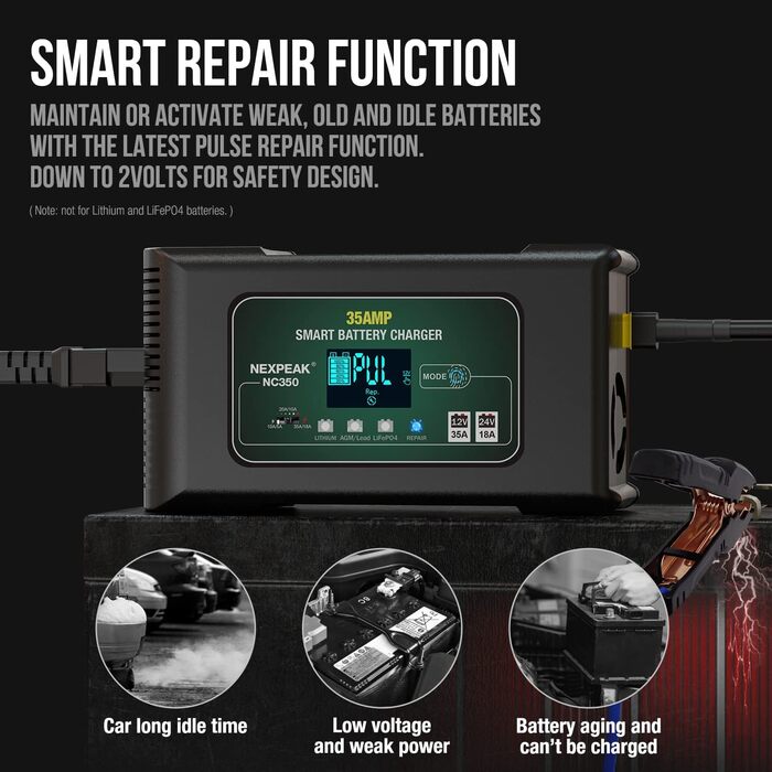 Зарядний пристрій, NEXPEAK Зарядний пристрій 35А 12В 24В Зарядні пристрої для автомобільних акумуляторів З РК-сенсорним екраном Ав