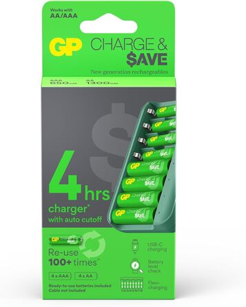 Зарядний пристрій GP Charge&Save для акумуляторів AA AAA з 8 зарядними слотами 4 батарейки AA та 4 батарейки AAA Зарядний пристрій USB-C Швидка зарядка, гнучке заряджання з окремими слотами, багатофункціональний захист, світлодіодний індикатор стану Компл