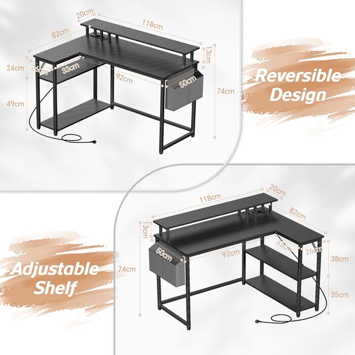 Кутовий ігровий стіл зі світлодіодним освітленням та довгою підставкою для монітора, L-подібний стіл із портом зарядки USB, розеткою та боковими кишенями, кутовий комп&39ютерний стіл для домашнього офісу, вуглецеве волокно