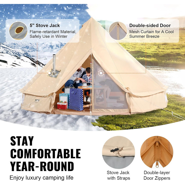 Намет-юрта VEVOR Bell Tent 3-7 м, підходить для 6-12 осіб, виготовлена з бавовни TC та має міцні залізні стійки з ПВХ підлогою. Кемпінговий намет-дзвін з парусини.