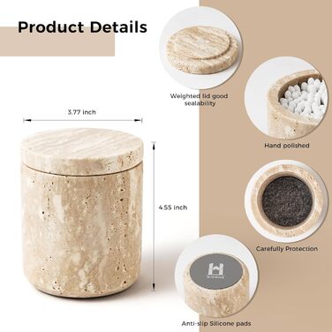 Контейнер для ватних паличок WORHE Q-Tip Marble, тримач для ватних паличок з натурального мармуру з кришкою, ємність для зберігання ватних паличок, ватних кульок, подушечок для макіяжу, натуральний мармуровий білий (DE WH050)