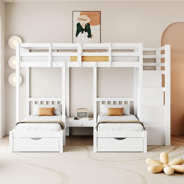 Двоярусне ліжко Billg 200x90 см для 3 дітей, дитяче ліжко із захистом від падіння, ліжко-горище з висувними ящиками, тумбочками і