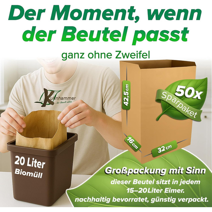 Компостовані пакети для відходів 20 л 50 шт. компостовані пакети для відходів без пластику Вологостійкі та стійкі до розривів паперові компостовані пакети для відходів Паперові пакети для органічних відходів Паперові компостовані пакети для відходів