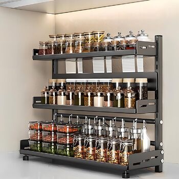 Стійка для спецій Devesanter, стояча, 3 яруси, велика місткість для зберігання, кухонна полиця, регульована по висоті металева підставка для спецій, кухонна полиця, стояча для зберігання на стільниці, чорна