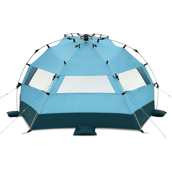Великий пляжний навіс із захистом від ультрафіолету (UV80) для 3 осіб, включаючи піщані кілочки та сумку на колесах. Захист від сонця для сімей, дітей, немовлят або собак. Світло-блакитний