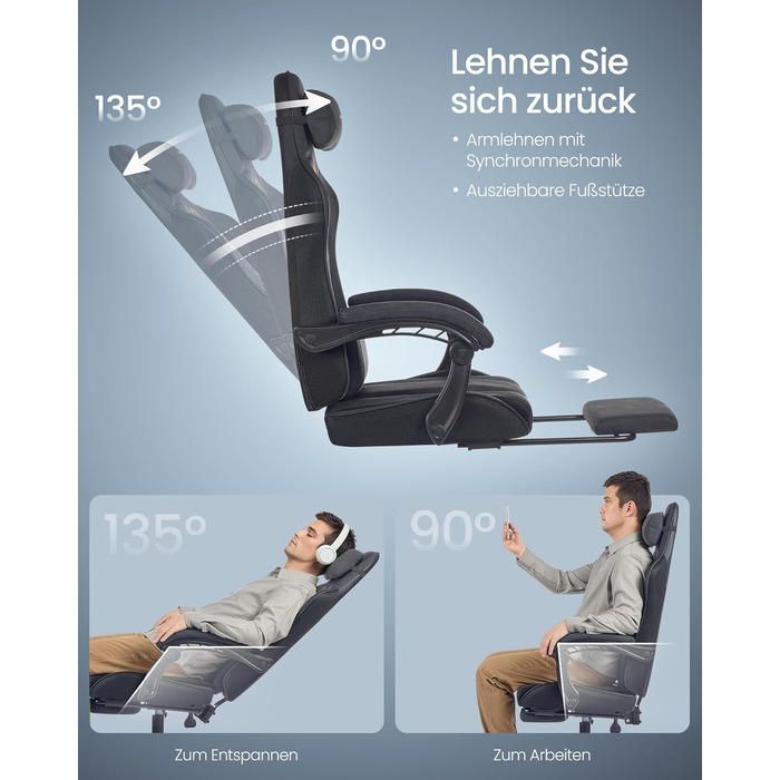 Ігрове крісло SONGMICS, офісне крісло, стілець для роботи, ергономічне ігрове крісло, пружинна подушка сидіння, підставка для ніг, підлокітники з синхронним механізмом, чорний колір OBG079B01