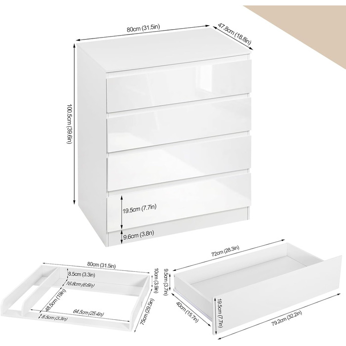 Пеленальний столик WOLTU зі знімною стільницею для пеленання, дитячий пеленальний столик, полиця для пеленання, комод з 4 шухлядами, висота 110 см, білий глянцевий білий глянцевий білий