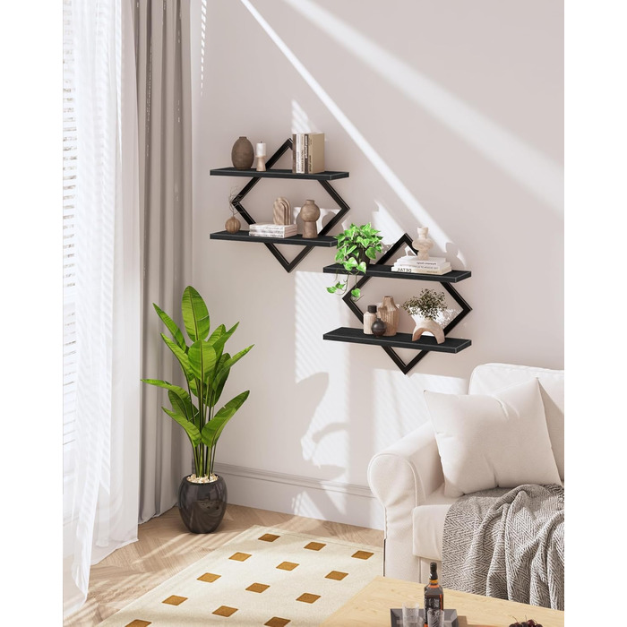 Настінна полиця, комплект з 2 шт., плаваюча полиця, 2-рівневі підвісні полиці, для вітальні, спальні, кухні, офісу, чорна DTBJ01P2BB 2 Чорний