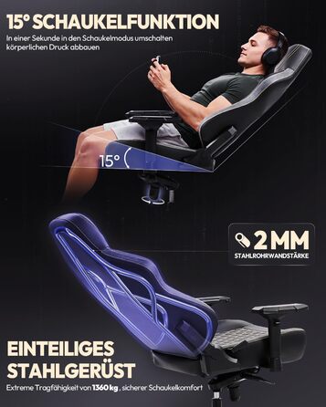 Ігрове крісло Dowinx, вантажопідйомність 200 кг, крісло керівника, ергономічне офісне крісло з 4D підлокітниками та поперековою опорою, ігрове крісло з регульованою висотою для геймерів та кіберспорту, чорне