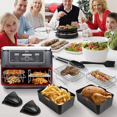 Аксесуари для фритюрниці, силіконові вкладиші для фритюрниці Ninja AF400EU AF300EU AF451EU AF500EU Tower T17088 7.6L-9.5L, 10 шт. Аксесуари для подвійної аерофритюрниці включають буклет посібника з кулінарії, чорний