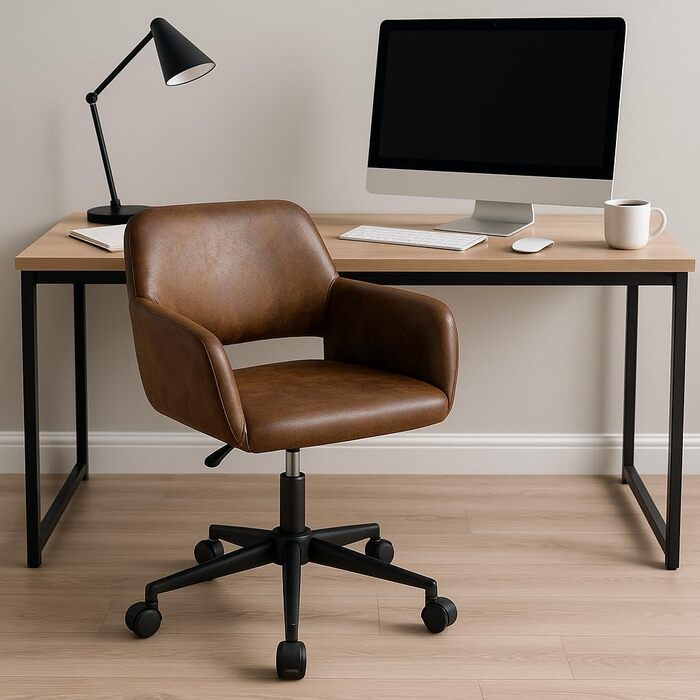 Вінтажне офісне крісло з підлокітниками, поворотне на 360, регульована висота 4555 см, під коричневу шкіру, з колесами для домашнього офісу