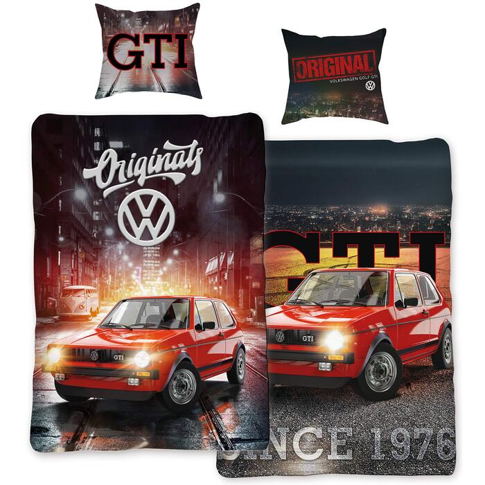 Комплект постільної білизни VW Volkswagen Golf GTI, червоний/сірий, 135 см x 200 см 80 см x 80 см, класичний автомобільний дизайн, 100 бавовна перкалевої якості, гоночний автомобіль Wrthsee, 2 дизайни, двосторонній комплект постільної білизни на блискавці