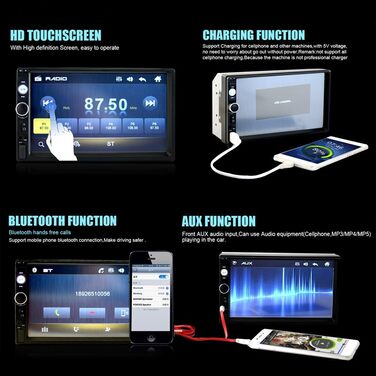 Радіо CAMECHO 2 Din з 7-дюймовим екраном, MP5-плеєр, автомобільна стереосистема з Bluetooth гучного зв'язку та USB/FM/дзеркала/керування на кермі, підтримка USB/TF/AUX камери заднього виду