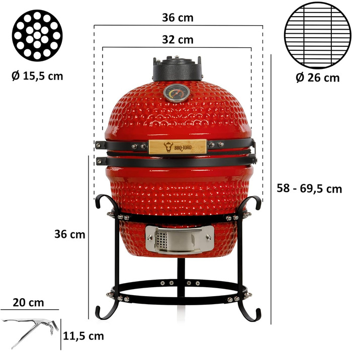 Вугільний гриль Haiiro Ø 32 см з термометром, дерев'яна ручка червоний керамічний гриль Kamado, міні-гриль на вугіллі, міні-гриль