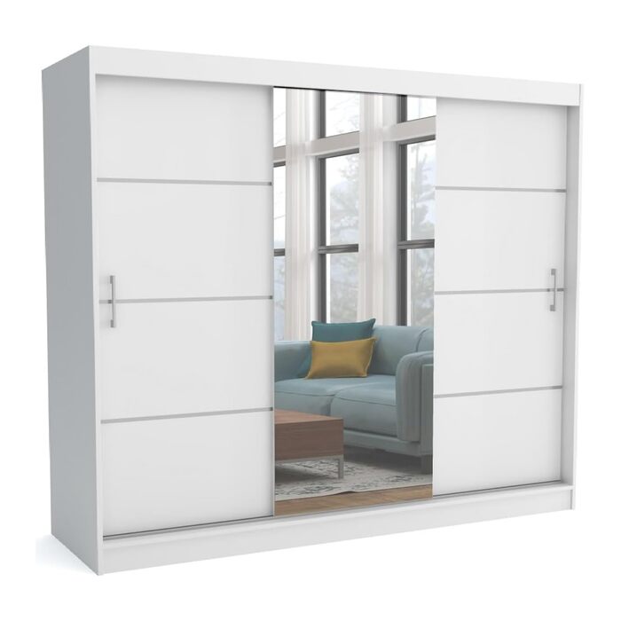 Шафа з дзеркалом шириною 240 см Windsor Tomy I Шафа для спальні з 2 рейками для одягу та полицями для одягу I Шафа Біла Біла - Дзеркало 240 см
