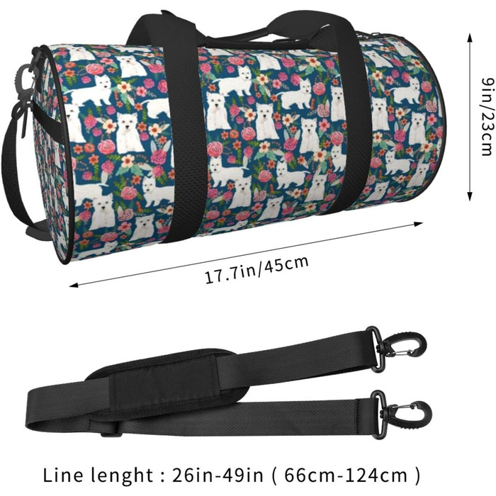 Дорожня сумка-циліндр з білим песиком та квітами, спортивна сумка для чоловіків та жінок, сумка для подорожей, спортивна сумка