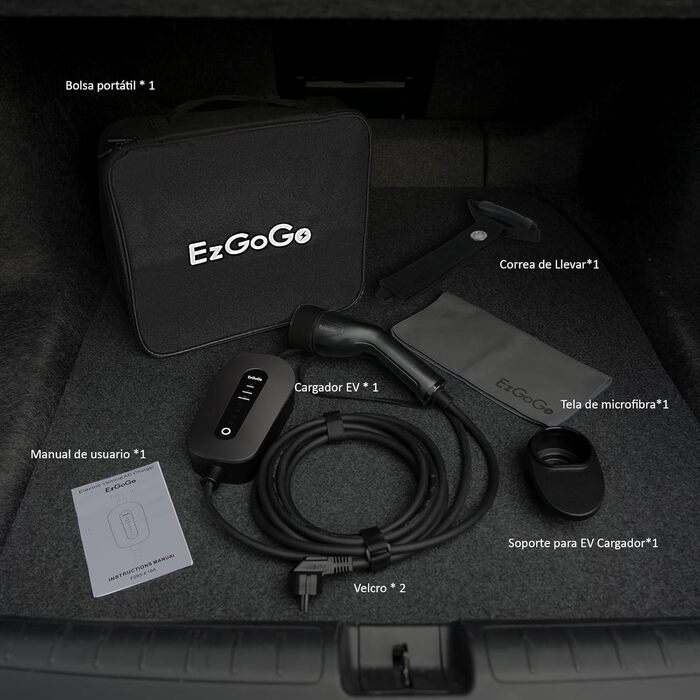 Зарядний кабель EzGoGo Type 2 Schuko 3,68 кВт 1-фазний / 6,1 м / 6-16А, портативна сумка тримач тканина з мікрофібри ремінець для