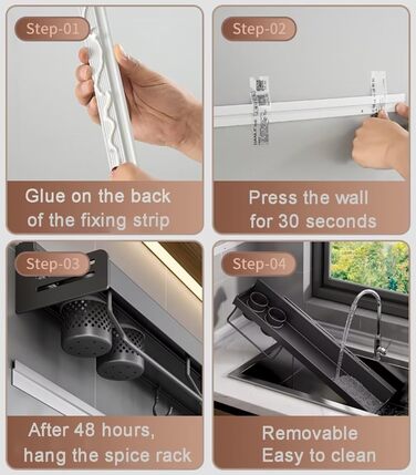 Настінна полиця для спецій, органайзер для спецій без свердління, підвісні полиці для спецій, клейкий тримач для спецій, металева настінна полиця для кухонних дверцят шаф, кухонна, полиця для спецій, 80 см, чорна.