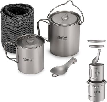Горщик Lixada Titanium Cup Potty, надлегкий, портативний, підвісний, з кришкою та ручкою, складний, для кемпінгу, активного відпочинку, походів, 900 мл (горщик 750 мл чашка 420 мл та лоток)