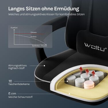 Ігрове крісло WOLTU, тканина зі зручною пружинною подушкою, прохолодне влітку, ергономічне ігрове крісло високої вантажопідйомності з підголівником, поперековою подушкою, підставкою для ніг, технічна тканина, чорний колір