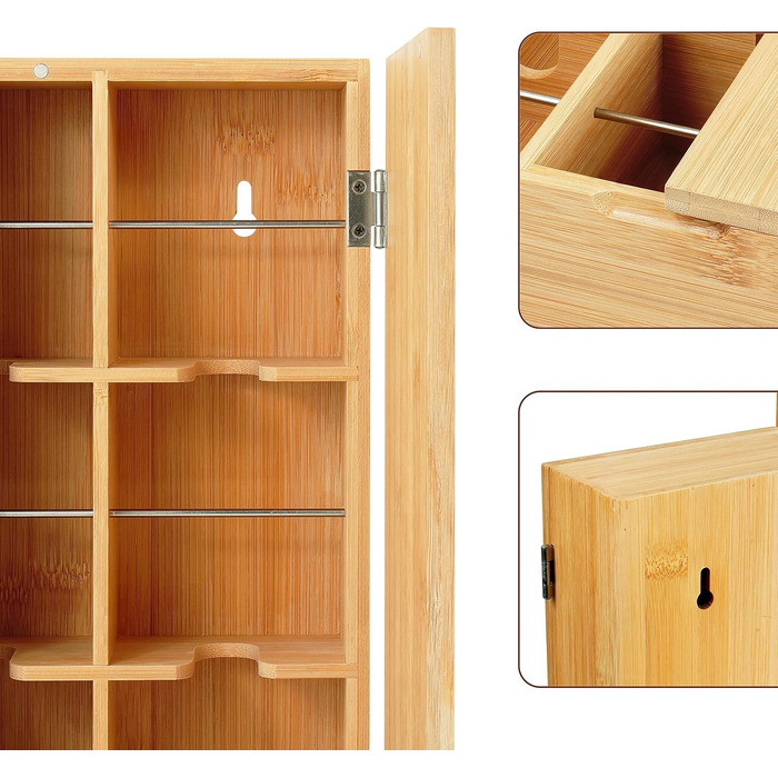 Чайна коробка Relaxdays, 9 відділень, бамбук, ВШХ 31 x 26,5 x 7 см, відділення для чайних пакетиків, кавових капсул, настінна, натуральний/срібний