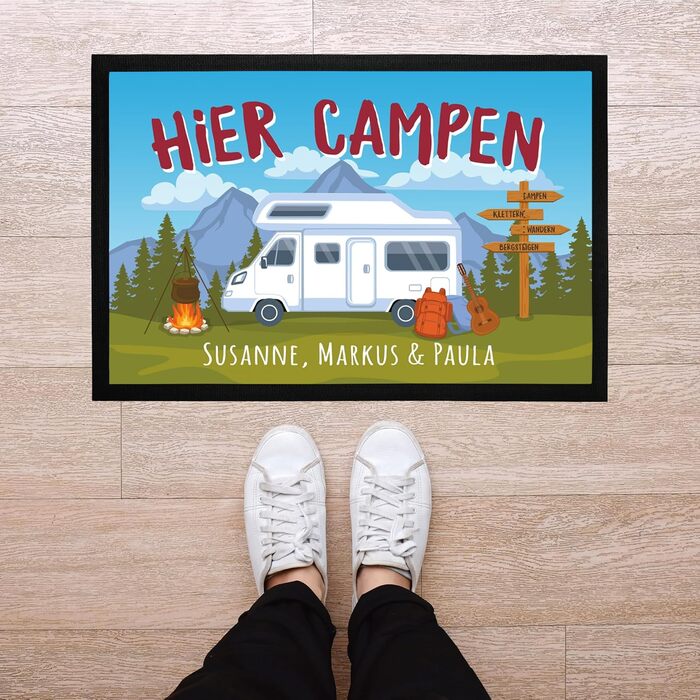 Персоналізований килимок для кемпінгу з іменем, подарунок для власників автофургонів та сімей, нековзний та миється, чорний, 60x40 см, у кемпінговому стилі, чорний