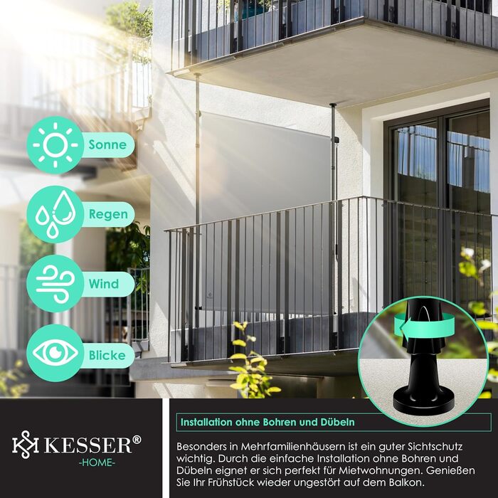 Вертикальний тент KESSER із затискачем 200x310 см, розсувний та непрозорий, з ручним приводом, не потребує свердління, екран для балкону та вітрозахисний екран для саду та тераси, водонепроникний, сірий, 200x310 см, сірий
