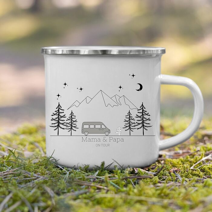 Емальована кружка Маленька Матильда, барвиста персоналізована кемпінгова кружка з іменем для кемпінгу, кавова кружка, аксесуар для каравану, кружка з нержавіючої сталі, подарунок для кемперів (сірий колір)