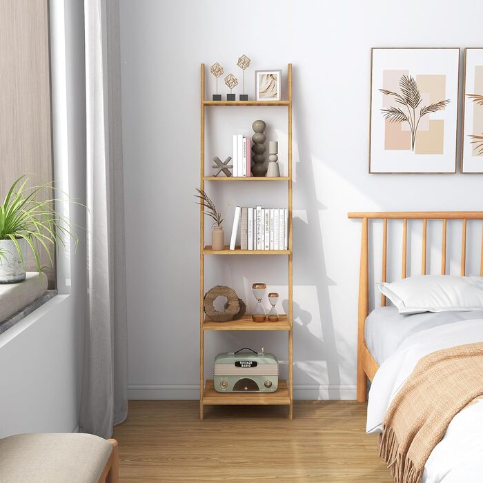 Бамбукова полиця GIANTEX, окремостояча книжкова шафа з 5 ярусами, настінна полиця, полиця для сходів, полиця для рослин для вітальні, ванної кімнати, кухні, 43 x 35 x 165 см, натуральний колір