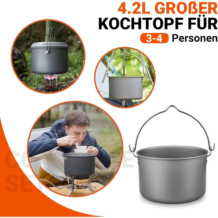 Набір посуду для кемпінгу Bulin, алюмінієві кемпінгові горщики, легкий набір для приготування їжі з складними столовими приборами та чайником, кемпінговий посуд для 1-2-4-6 осіб, ідеально підходить для кемпінгу, активного відпочинку на свіжому повітрі, пі