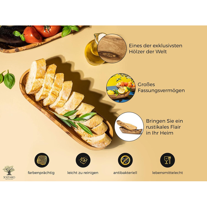 Набір з 2 багетів з оливкового дерева Миска для хліба - Миска для закусок подовжена - Сільська дерев'яна миска - Декоративна миска