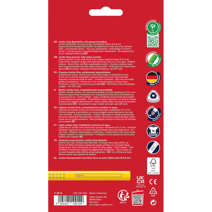 Кольорові олівці Jumbo Grip для дітей, Набір з 12 кольорових олівців Jumbo, Розмальовки з ручкою та трикутним стволом, Водорозчинні пігменти, Легко миються та стійкі до розривів, Шкільне приладдя Набір з 12 предметів, 110912