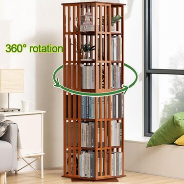 Книжкова полиця, що обертається на 360, з 5/6-ярусною бамбуковою полицею для зберігання, підлогова книжкова шафа-стійка, вітрина для дітей та дорослих, вітальня, кабінет, офіс (6 полиць)