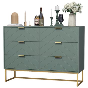 Комод UEV з 6 шухлядами, дерев&39яна шафа з механізмом проти перекидання та металевими ніжками, висока тумба/сервант, вузька комод/бічна шафа для вітальні, спальні, коридору, 100x34x73,5 см, зелений, 34 Г x 100 Ш x 73,5 В см (6 шухляд)