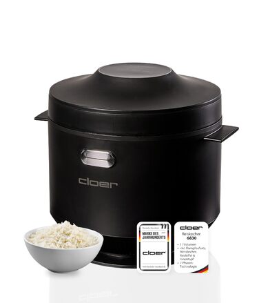 Рисоварка Cloer 6830, 1 л, з насадкою для приготування на парі та чашею, що миється в посудомийній машині, 7-етапна технологія, підігрів до 24 год, звуковий сигнал та індикатор рівня води, 350 Вт, чорна