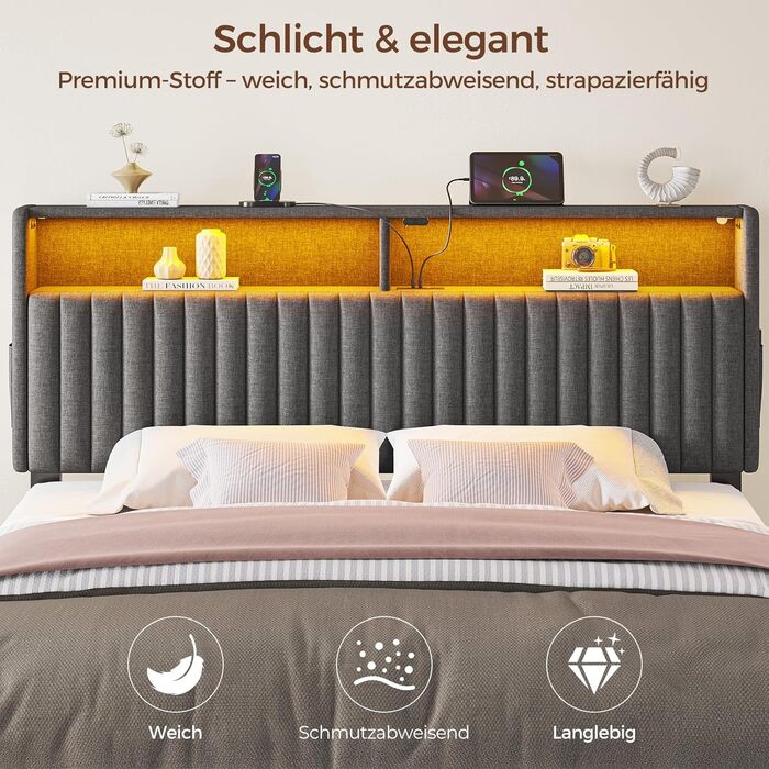 Ліжко Seventable 90x200 із зарядною станцією, металеве ліжко з м&39яким узголів&39ям та світлодіодним підсвічуванням, каркас ліжка з дворівневою полицею, ідеально підходить для дитячих кімнат, кімнат підлітків (сірий) сірий 90 x 200 см