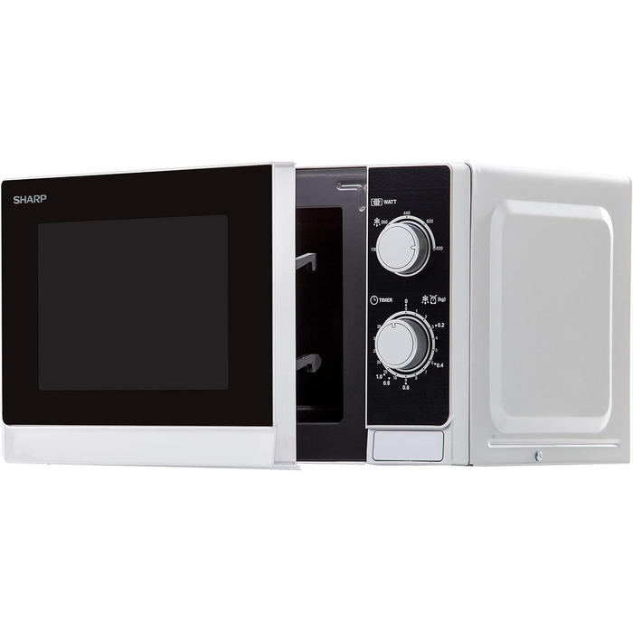 Мікрохвильова піч Sharp R200INW Solo / 20 л / 800 Вт / 5 рівнів потужності / Таймер від 35 хвилин до 00 секунд / Розморожування з контролем ваги / Режим енергозбереження / Скляний поворотний стіл (25,5 см) / Срібло