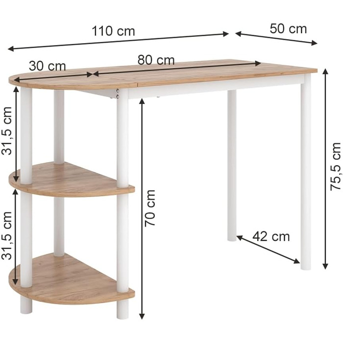 Кухонний стіл Vicco Freetown, дуб Goldkraft/білий, 110 x 50 см з відкритими полицями