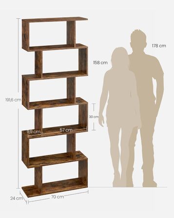 Книжкова полиця VASAGLE, 6-ярусна, 24 x 70 x 191,6 см, Окремостояча полиця, Офічна полиця, Декоративна полиця, Для демонстрації, Сучасна, Для Вітальні, Спальні, Офісу, Вінтажний Коричневий LBC61BX 6 Ярусів (70 x 24 x 191,6 см) Вінтажний Коричневий