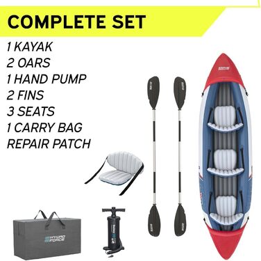 Надувний каяк Bestway Hydro-Force на 3 особи з алюмінієвими веслами та ручним насосом, каяк на 3 особи, повний комплект каяків на 3 особи, червоний