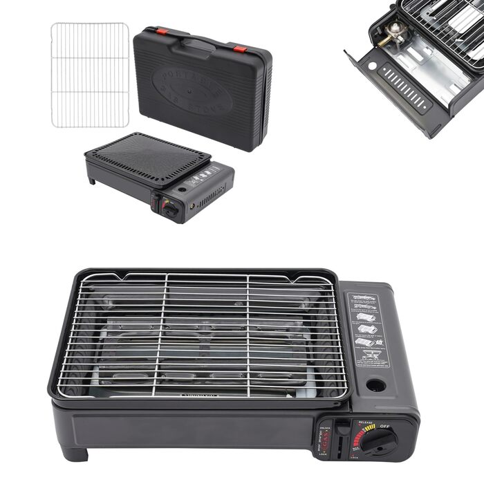 Газовий гриль-плита 2-в-1 для кемпінгу - портативний багатофункціональний гриль потужністю 3 кВт з п&39єзоелектричним запалюванням та запобіжним клапаном, включає комплект грилів алюмінієвий кейс (3,2 кг) для використання на вулиці/кемпінгу/балконі (41,5 